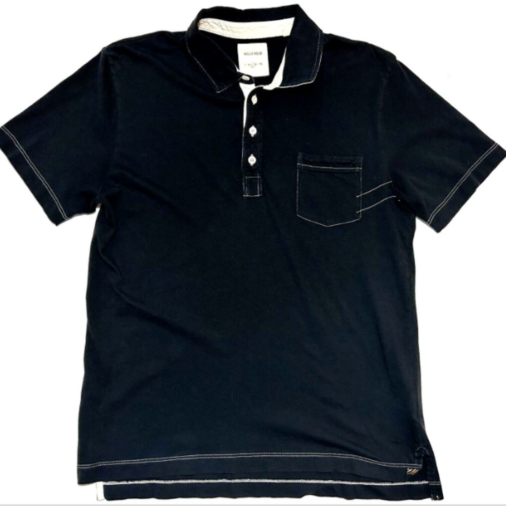 Billy Reid Mens Large Golf Polo Casual Black Short Sleeve Pocket Stitching